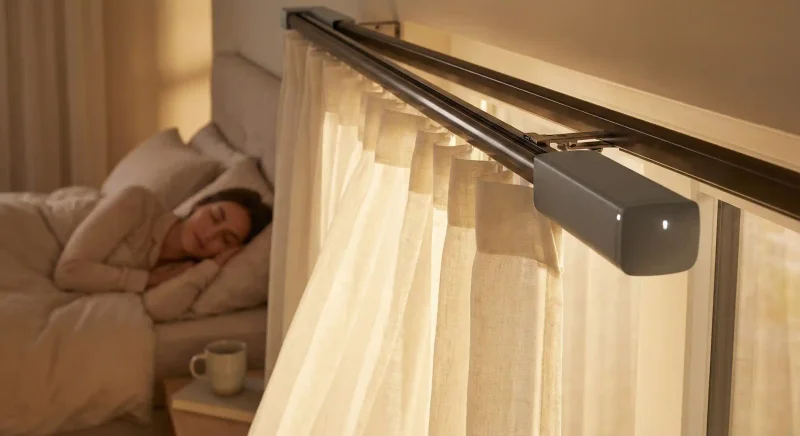 Man relaxing in modern living room using voice commands to control smart blinds