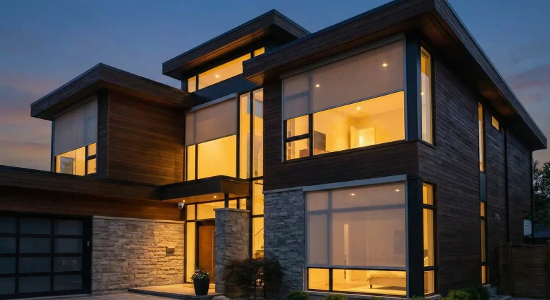 Exterior view of a secure smart home at dusk with automated blinds