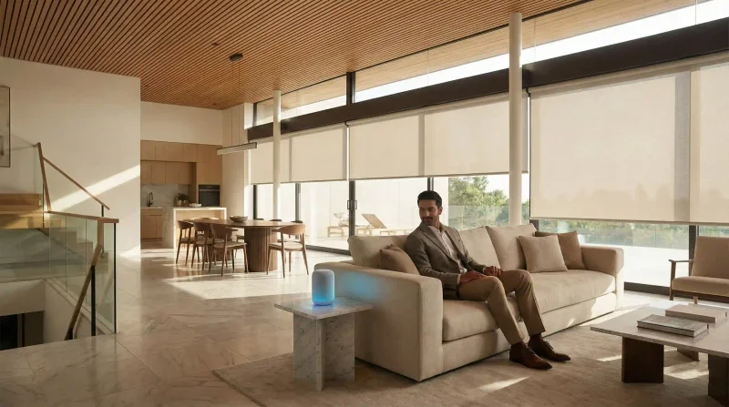 Man relaxing in modern living room using voice commands to control smart blinds