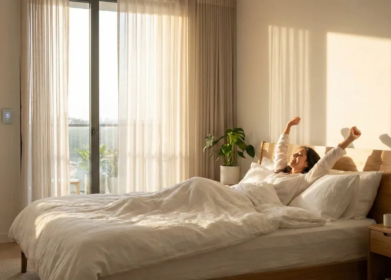 Bedroom with automated smart blackout curtains opening at sunrise