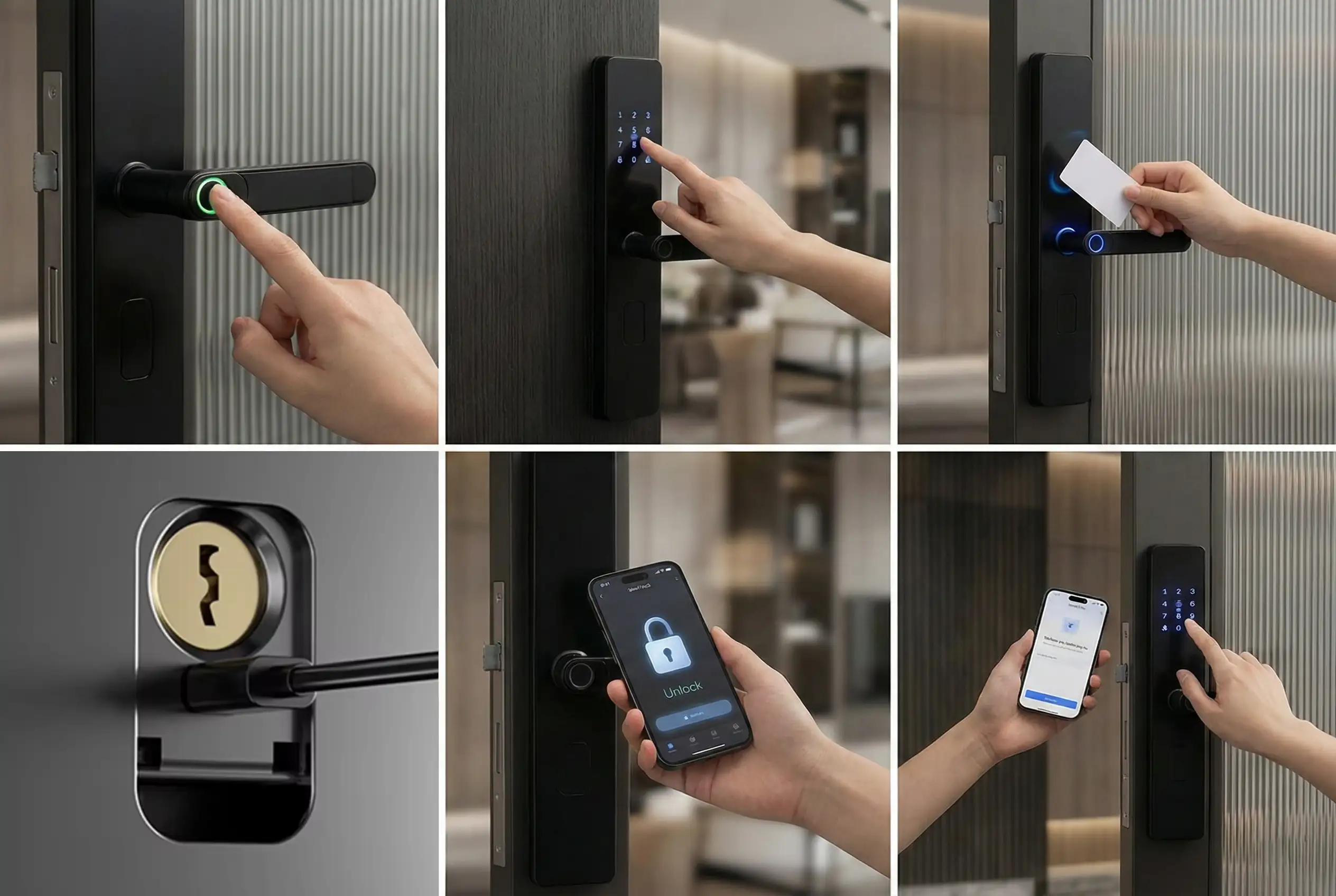 Smart door lock showcasing PIN keypad, RFID card scanner, and fingerprint reader