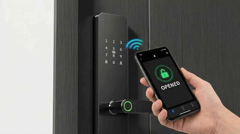 Person unlocking front door remotely using a smartphone app