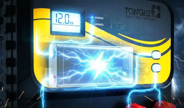 semi transparent electric fence energizer showing built in battery and its working