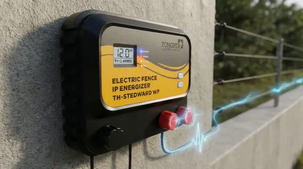 macro close up of an electric fence energizer perfomring multiple tasks