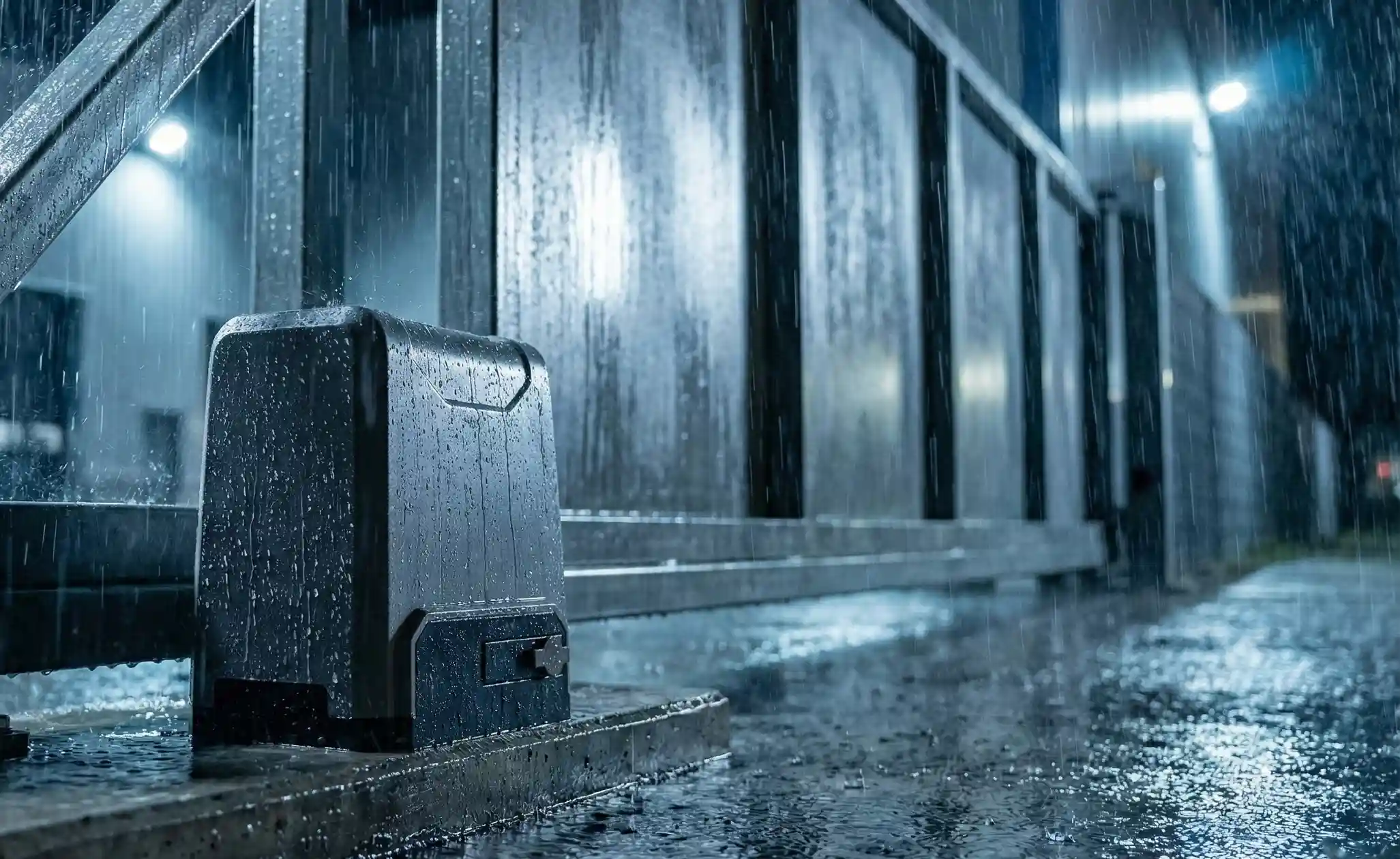 A close-up photograph of a grey, box-shaped industrial gate opener with a dark grey base and a small, dark grey horizontal access panel on the front right. It is set against a plain white background.