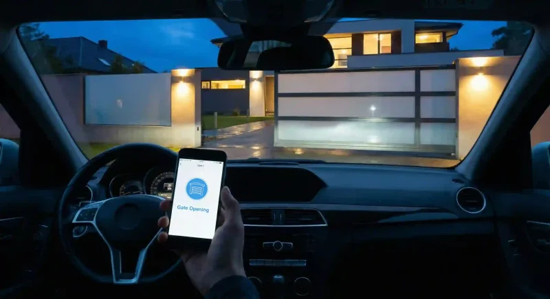 From inside a car at night, a phone app displayed on a handheld screen is opening a modern gate outside.