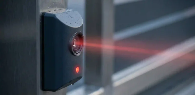 Close-up of an infrared safety sensor mounted on a gate, emitting a visible red beam.