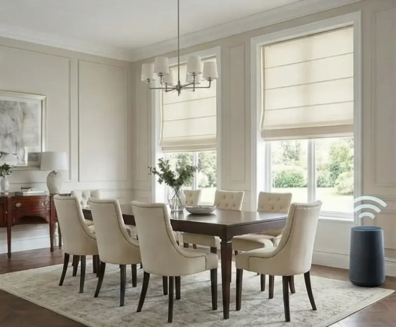 Custom automated Roman shades with smart home integration
