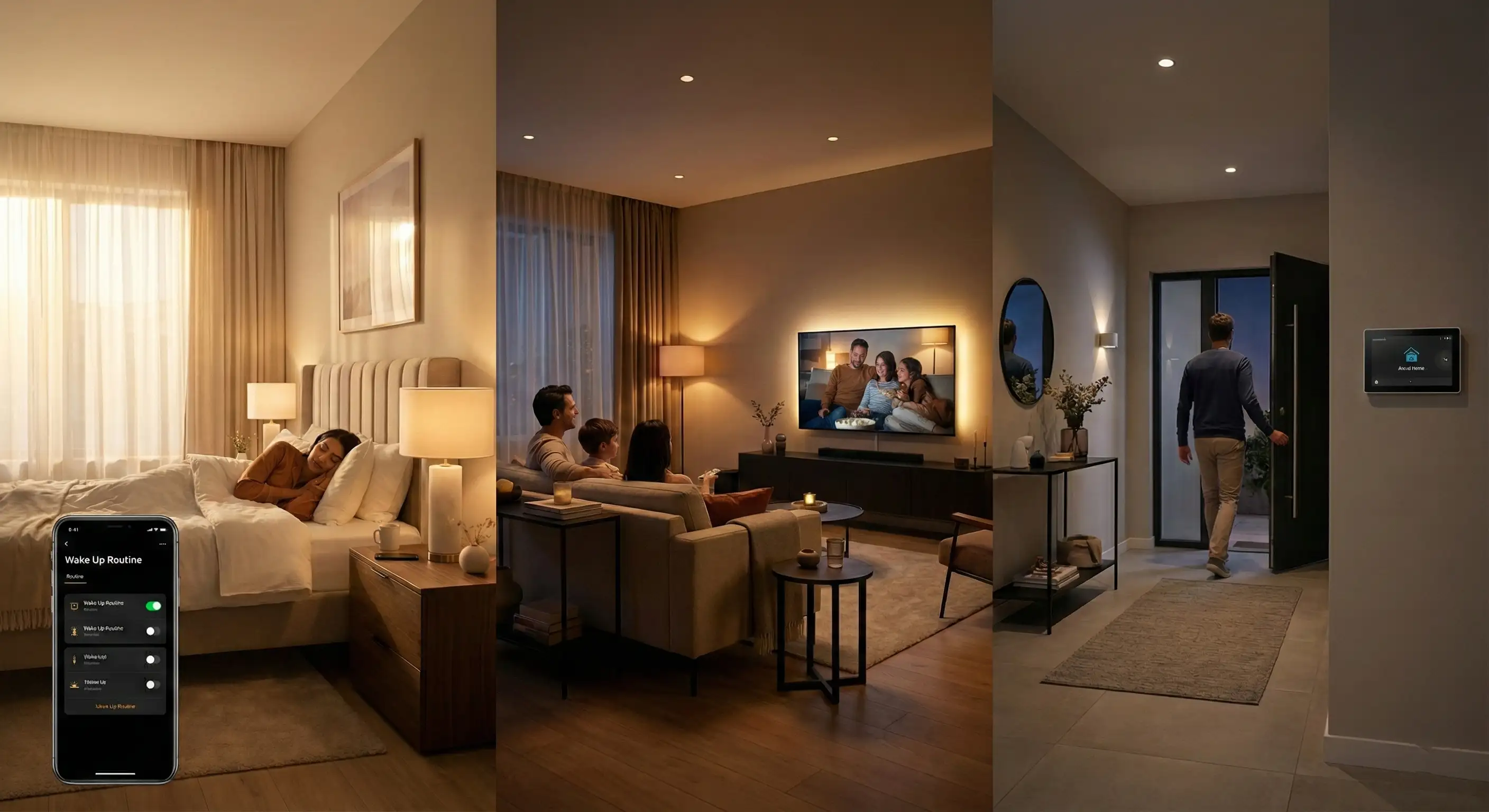 Automated smart lighting scheduled in a modern home interior