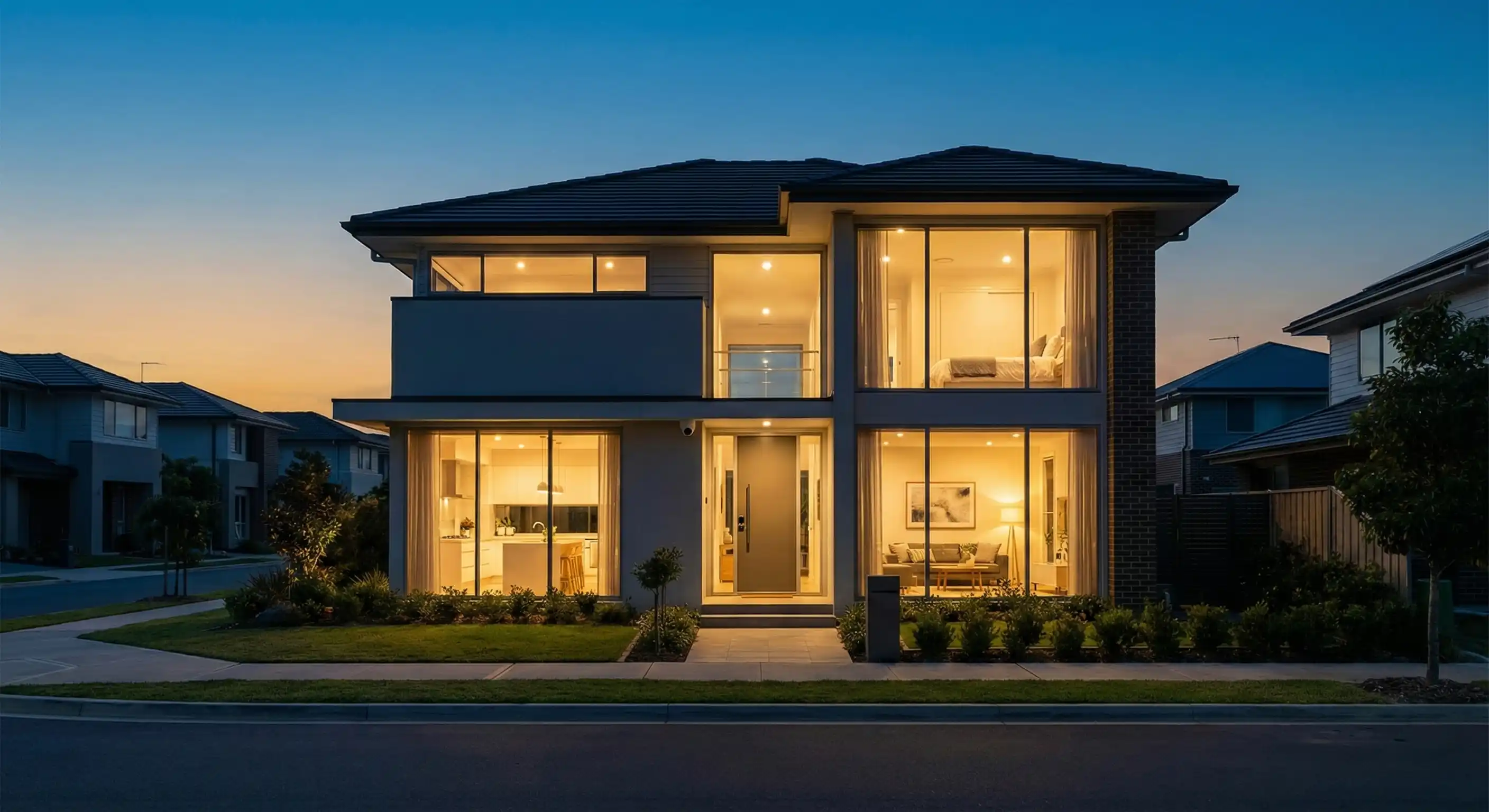 Exterior view of a secure smart home at night with automated lighting