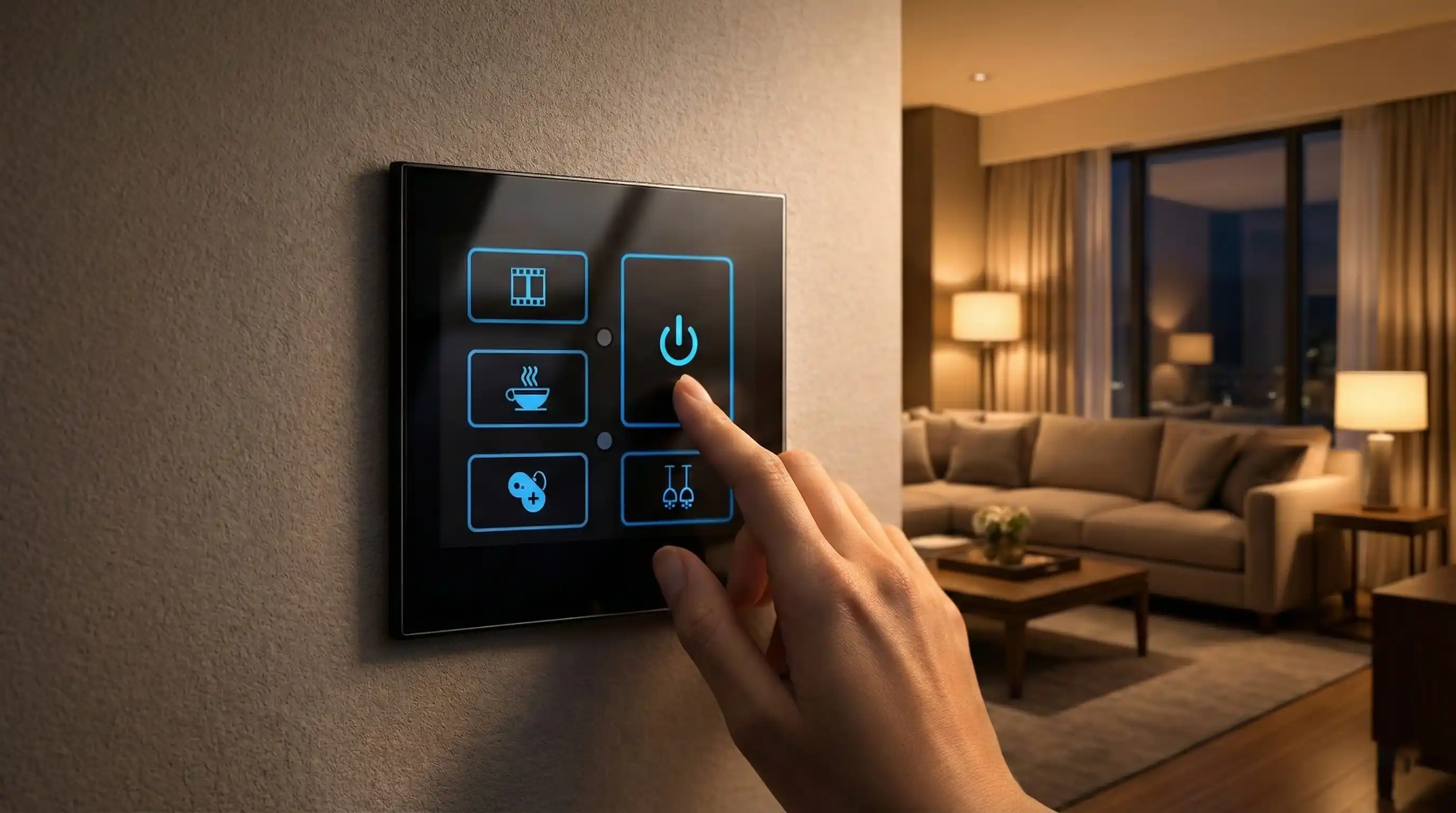 Close up of a modern smart glass wall switch panel