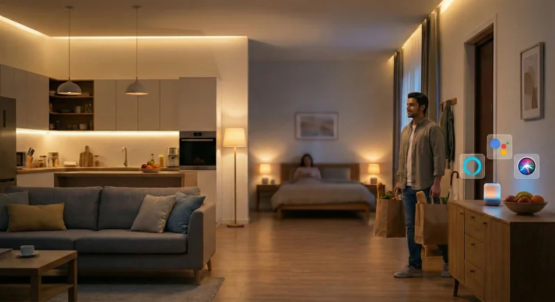 Person relaxing in modern living room using voice commands to control smart lights