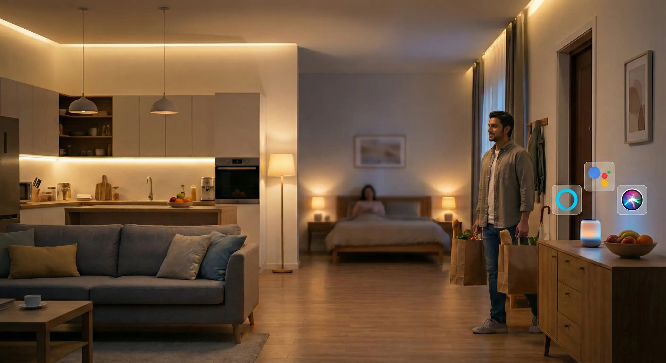 Person relaxing in modern living room using voice commands to control smart lights